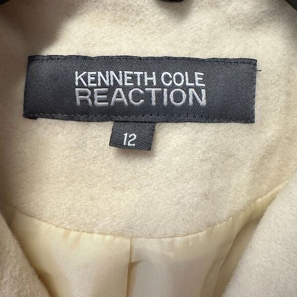 KENNETH COLE REACTION Ivory Wool blend Mid Length Peacoat Trenchcoat Size 12 - Picture 3 of 11